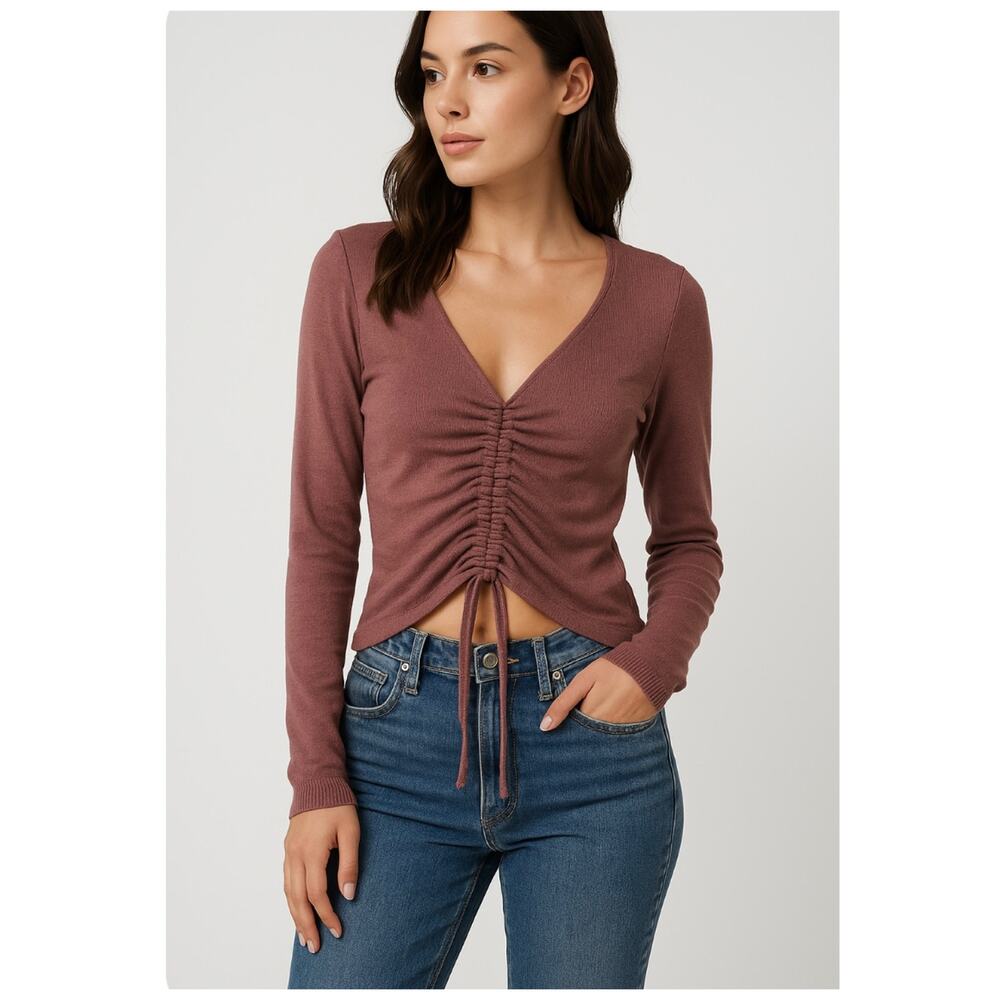 Love Tree Boho Ruched V-Neck Long Sleeve Knit Top Mauve Pink Size S/M Relaxed